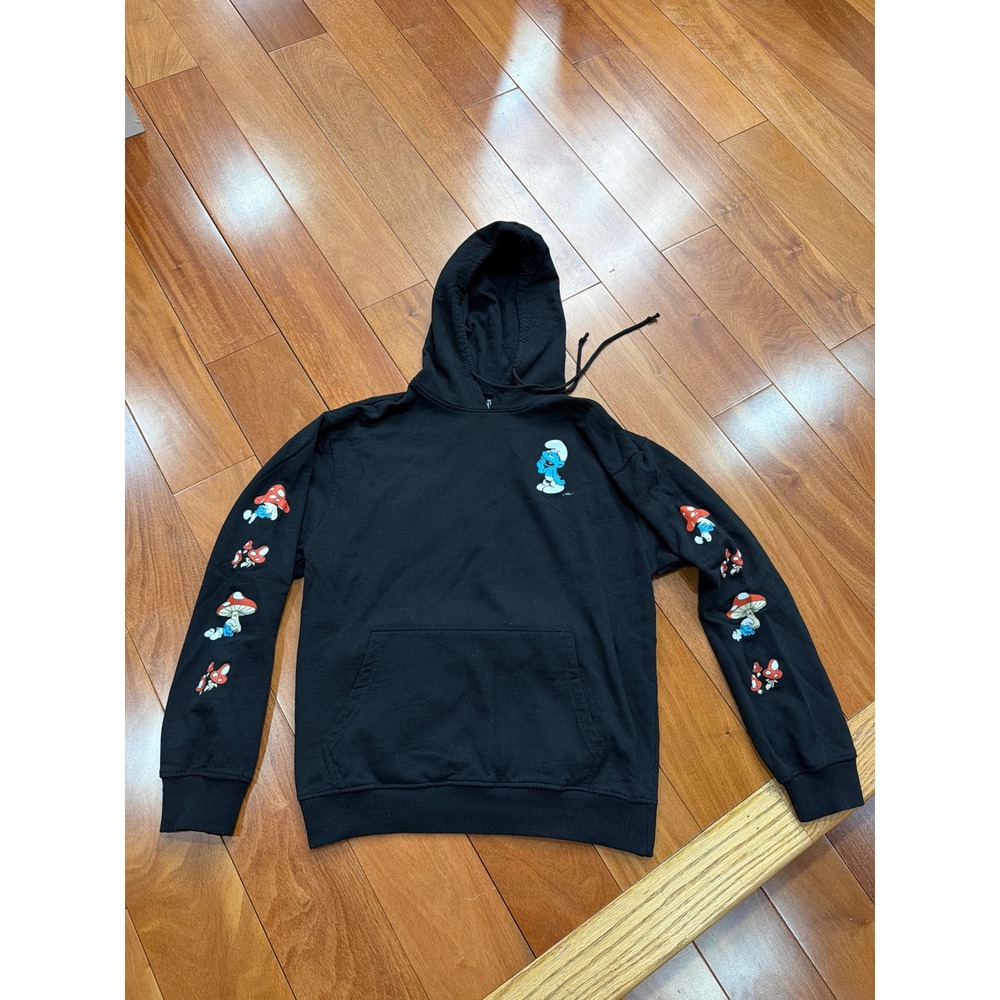 The Smurfs Graphic Hoodie Mens Black Mushroom Sleeve Print Large